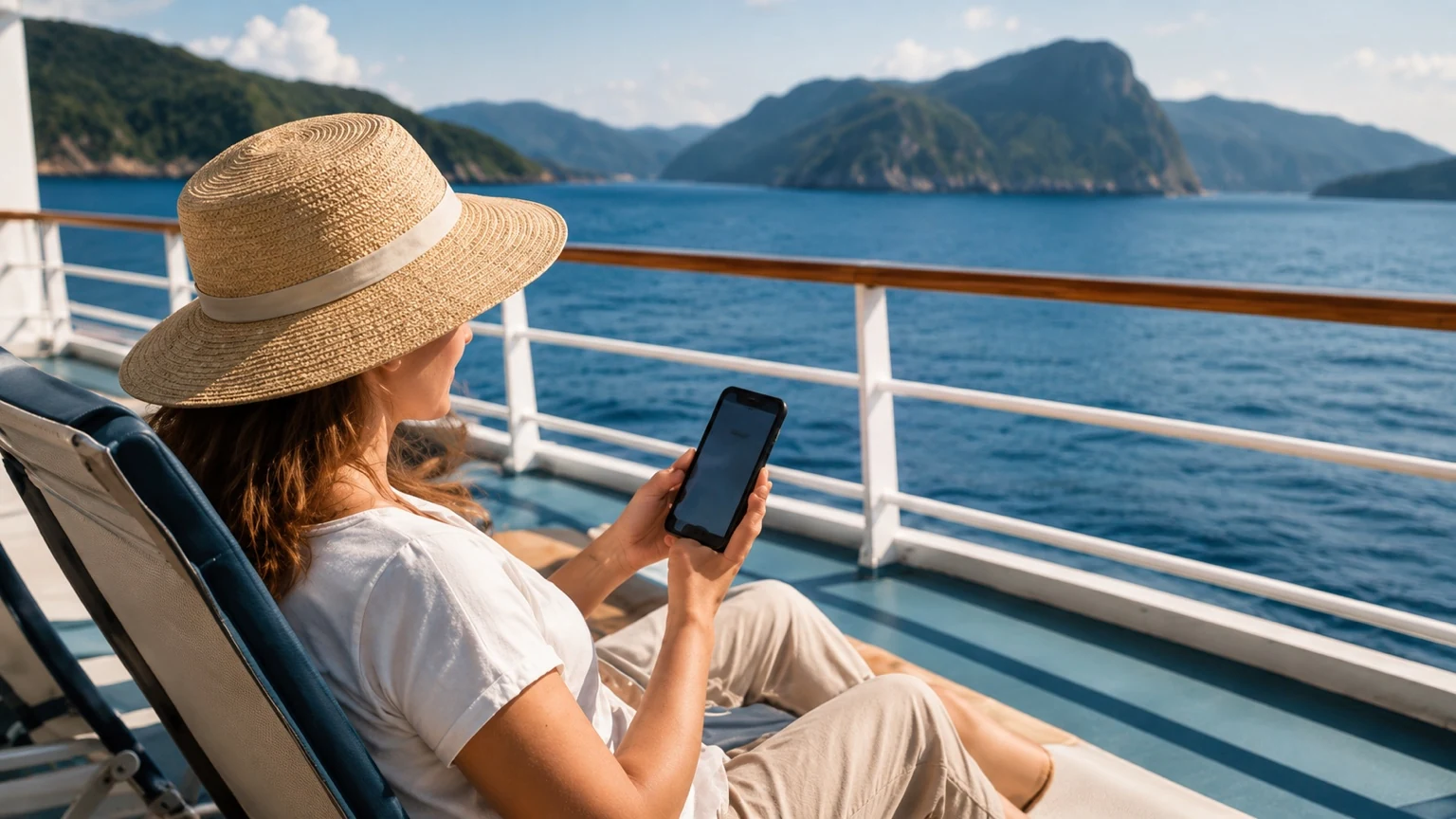 Cruise traveler in a straw hat checking a phone on deck beside the sea